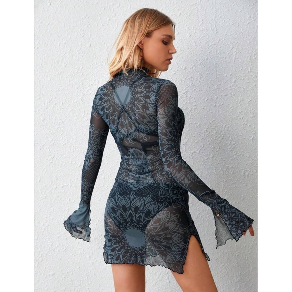 Exotic Mesh Bodycon Beach Dress Mandala Boho Mock Neck Bell Sleeve Teal Party - Picture 8 of 10